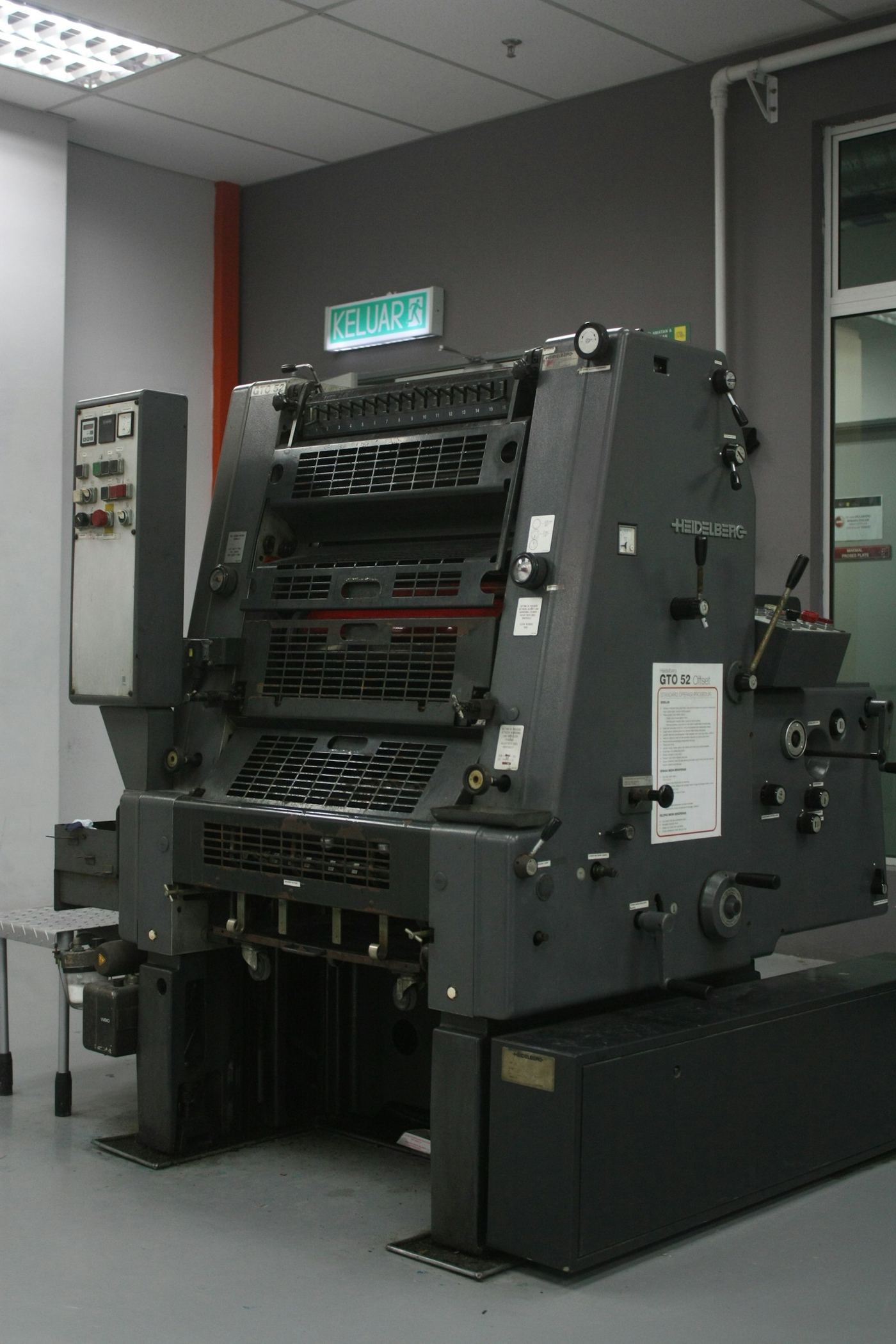 A Heidelberg GTO offset press in a print room, with no people in the frame.